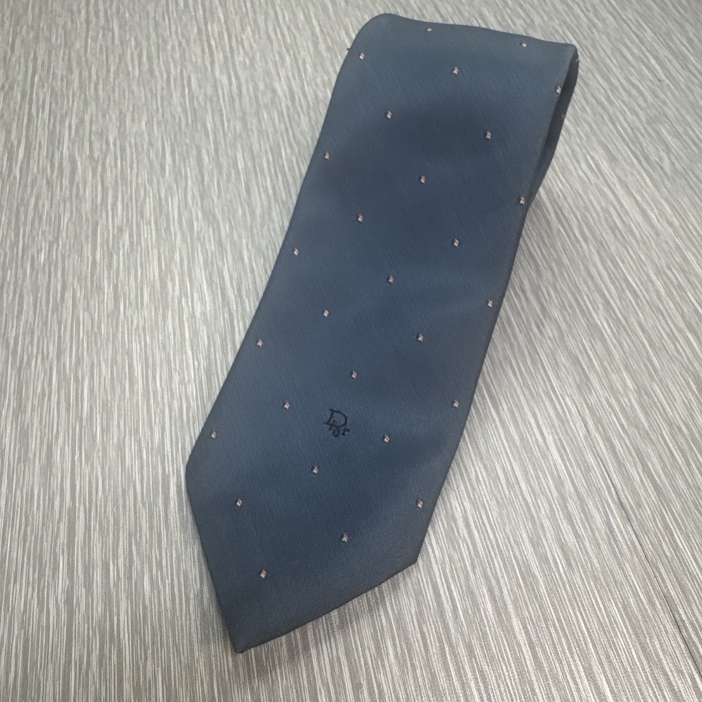 Christian Dior Silver Blue Polka Dot Tie Italy Woven Silk Blend CD Logo Designer